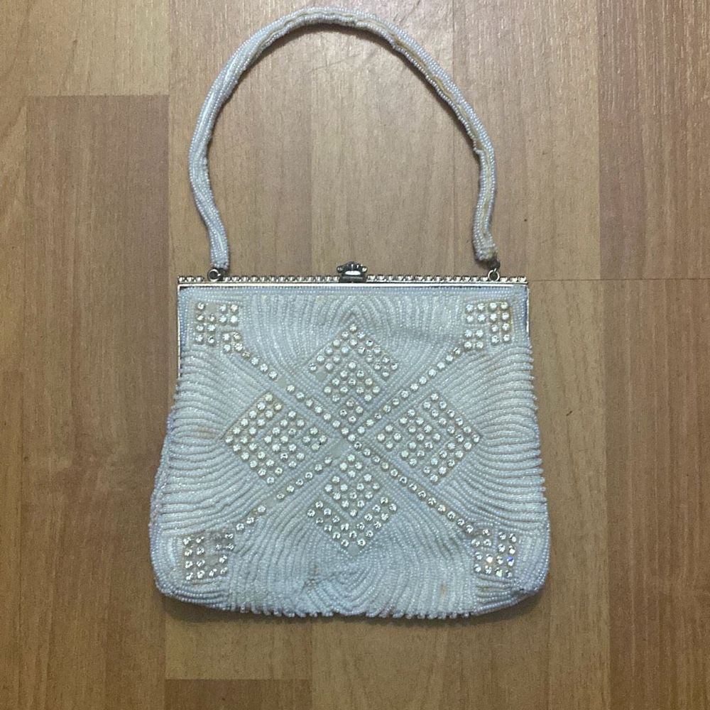 Vintage Walborg White Rhinestones Beaded Top Evening Handbag Made in Japan